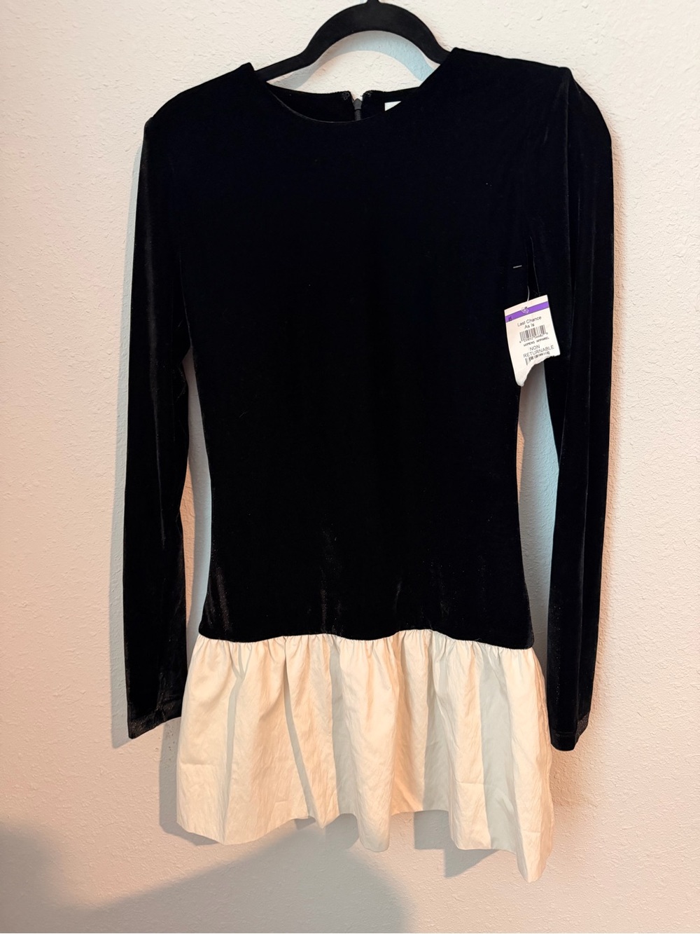 Wayf Black Velvet Long-Sleeve Mini Dress with Cream Ruffle Hem